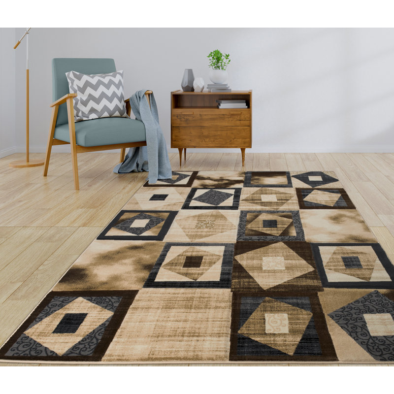 Tapis carré abstrait Tykie en crème / gris anthracite, Rectangle 7 pi 11 po x 10 pi 6 po