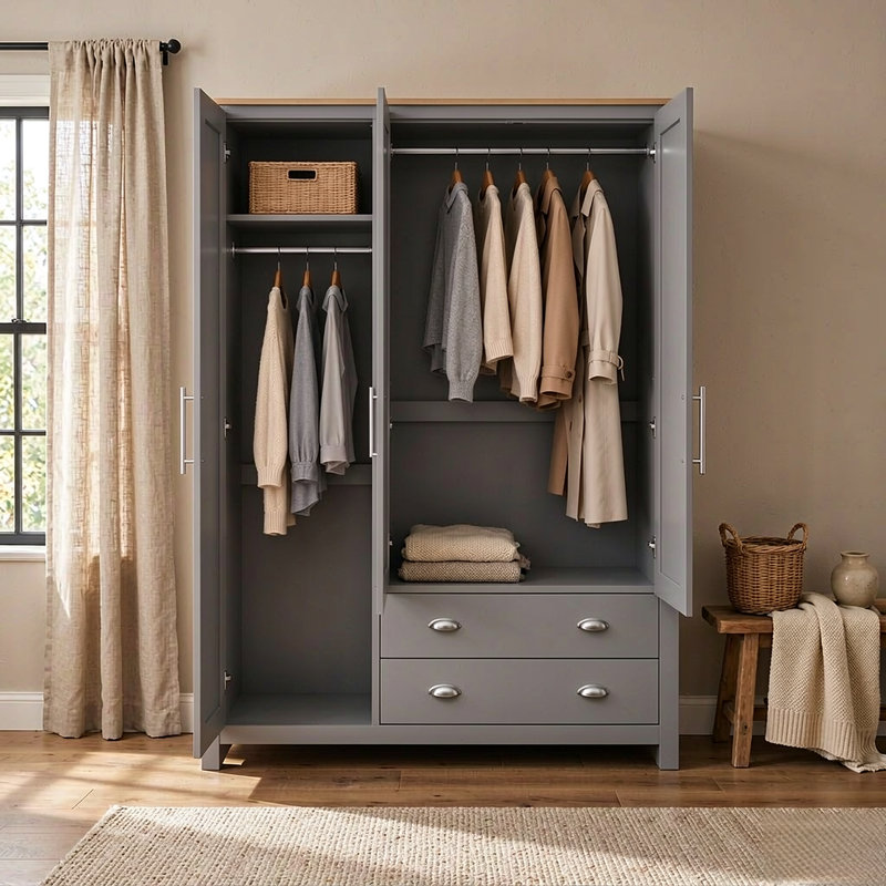 Armoire-penderie moderne 67,9 "à 3 portes avec 2 tringles, 2 tiroirs et tablettes pour la chambre à coucher, gris