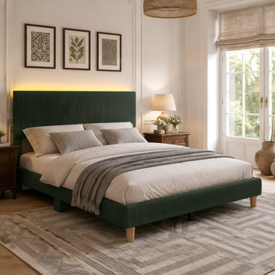 Abe Aadi Corduroy Upholstered Platform Bed with Channel-Tufted Headboard, Modern Bed Frame with Soft Padded Edges and Ambient LED