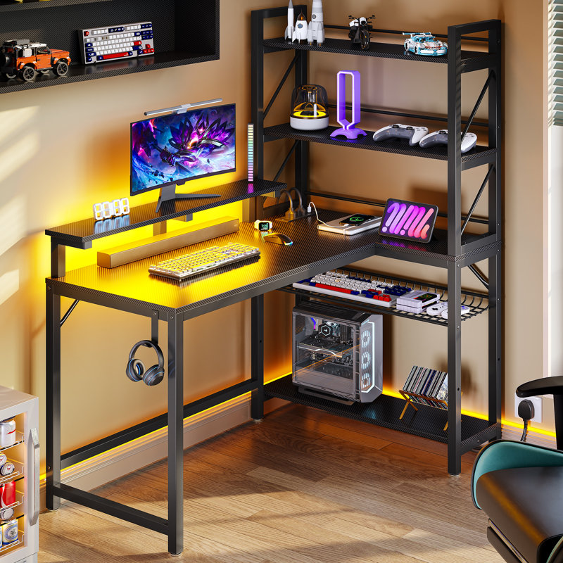 L-Shaped Metal Base Computer Desk with Power Outlet