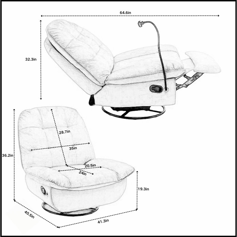 Ivory Reclining Lazy Chair With Mobile Phone Holder, Large Comfortable Reading And Swivel Gliding Rocking Chair, Gold-Stamped Velvet Upholstery