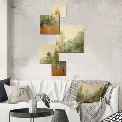 Ensemble de 5 impressions sur bois vert beige et forêt sauvage Essence I - Tachisme