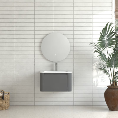 24-Inch Wall Mounted Bathroom Vanity In Grey, Featuring White Ceramic Integrated Basin, 45 Angled Handle, Soft-Close Drawer, Waterproof Structure, Ample Storage For Toiletries, American Style, Easy