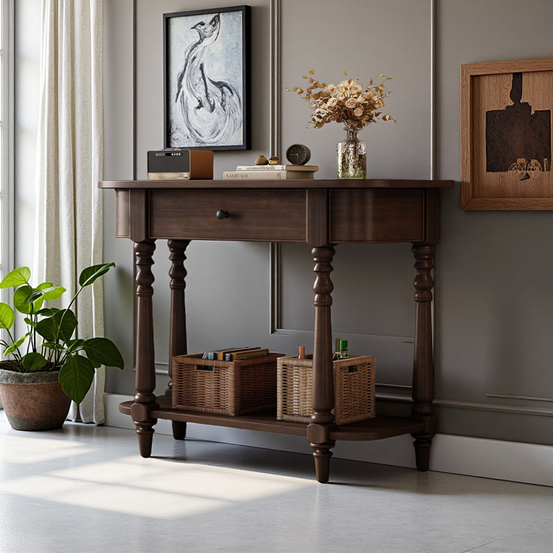 Console étroite avec coin incurvé, table de hall d'entrée rétro avec tiroir supérieur et tablette ouverte, Espresso, Espresso