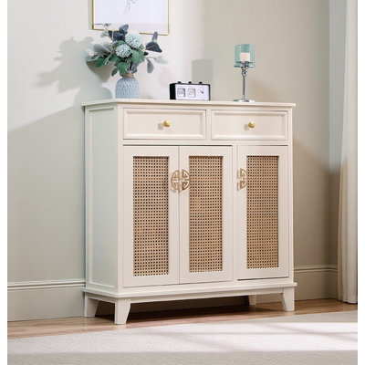 Minimalist rattan and solid paulownia wood shoe cabinet