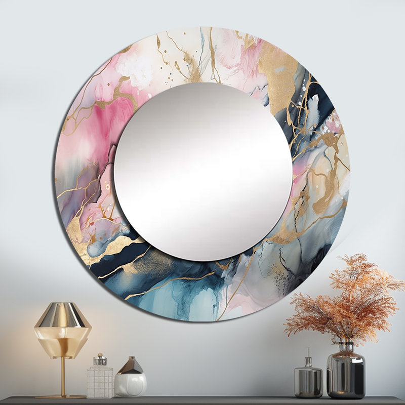 «Preety Exploration The Profondeurs of Blue Geode I» - miroir en marbre, miroir mural rond unique moderne, art imprimé en métal
