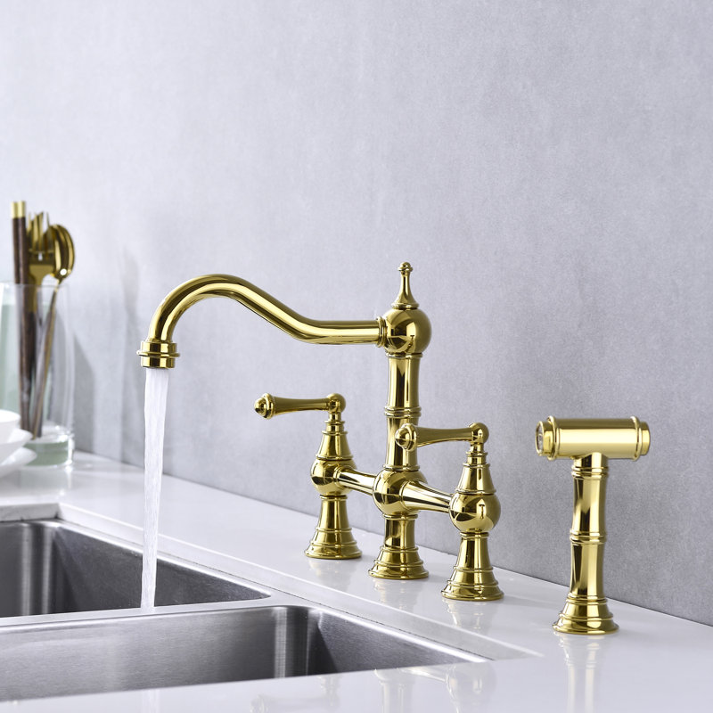 Bridge Dual Handles Kitchen Faucet With Pull-Out Side Spray In, Chrome