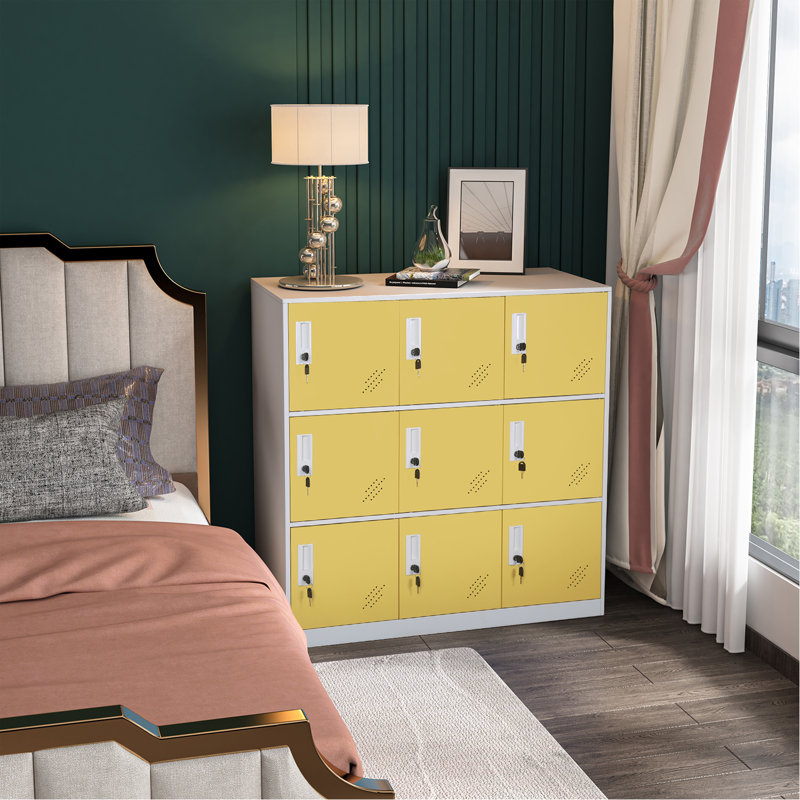 9 Door Yellow School Locker with Key, White/Yellow