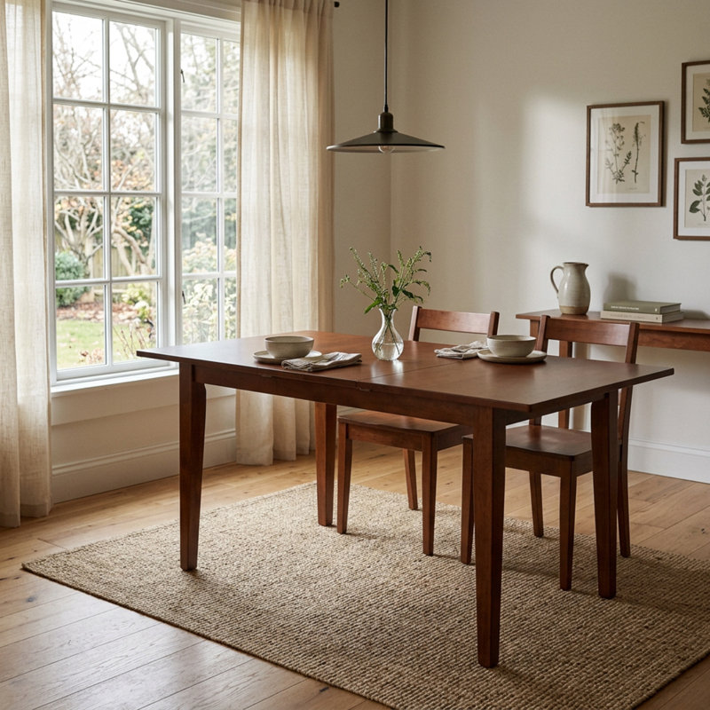 Ensemble de salle à manger rectangulaire 3 pièces en bois dur asiatique acajou et tissu lin avec rallonge papillon et 2 chaises de salle à manger rembourrées