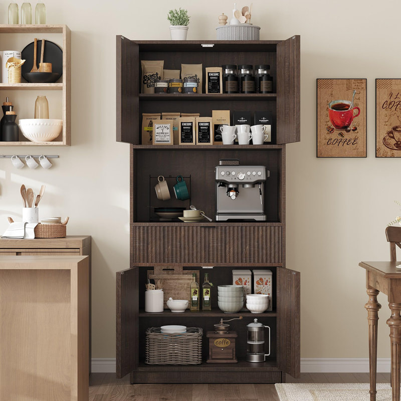 Garde-manger cannelé 70 po avec comptoir, portes et tiroir, armoire de rangement haute autoportante 70 po, Brun