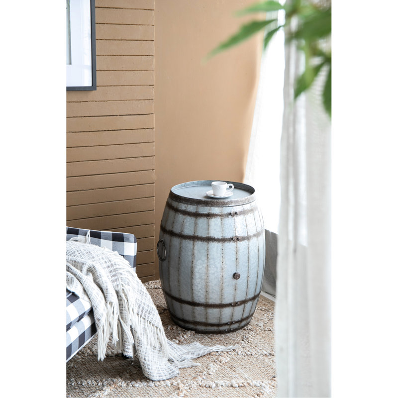 Galvanized Gray Drum Shaped Side Table With Rustic Banding, 22.5X22.5X26 Inches, Removable Lid As Tray, Suits Shabby - Chic Decor Themes Inches And Finish, Brown Banding For Style, Various