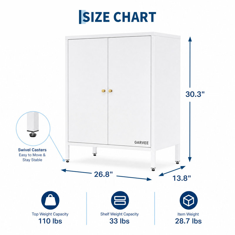 Armoire de rangement moderne en métal, tablette réglable, portes doubles magnétiques, hauteur de comptoir de 77 cm (30,3 po), meuble autoportant pour salle de bain, garde-manger et entrée