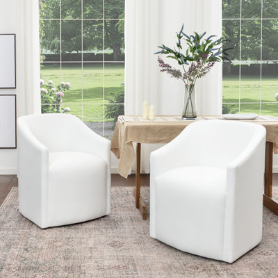  25" Wide Modern No Assembly Linen Barrel Back Upholstered Dining Armchair with Interchangeable Casters & Fixed Feet (Set of 2)