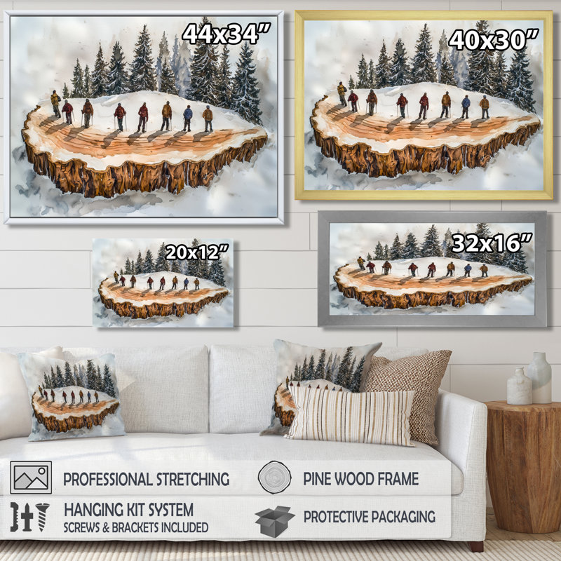 Randonnée pédestre dans un paysage d'hiver II - Randonnée d'art mural, H 12 po x l 20 po, Impression encadrée flottante, Doré