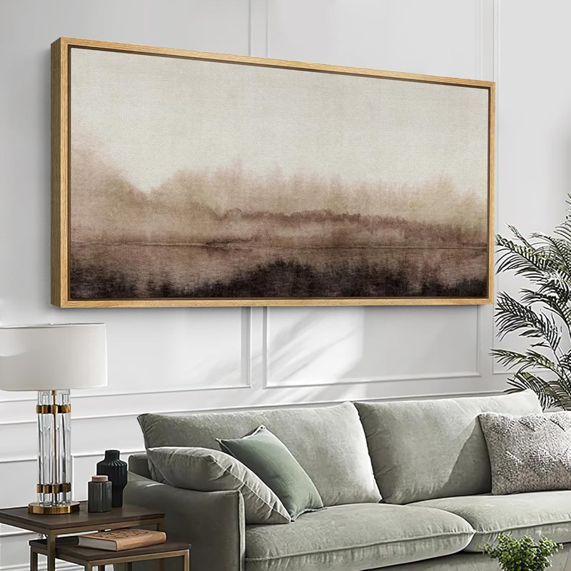 «Serene Misty Landscape in Soft Browns», art moderne, H 30 po x l 60 po, Naturel