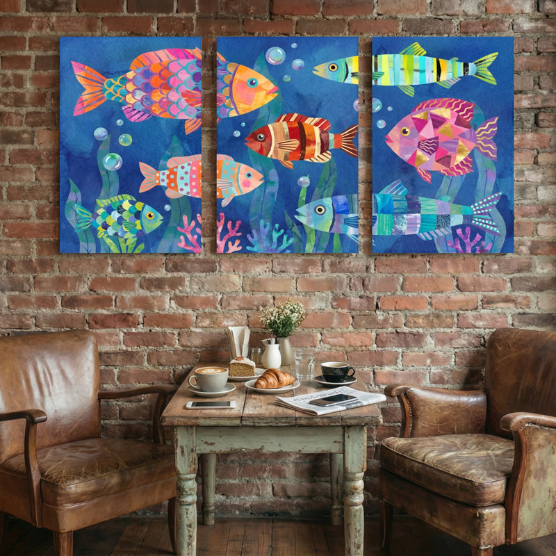 Animals Colorful Fish Underwater Scene Pattern Print Set of 3 Canvas Wall Art Prints, 24" H x 48" W