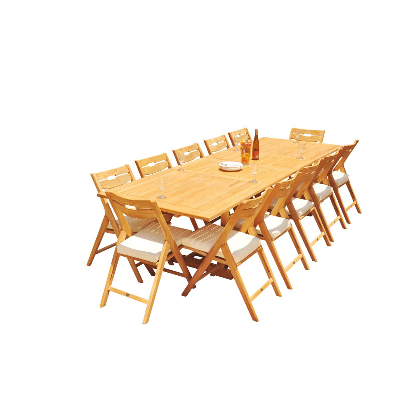 Cimara 12 - Person Teak Solid Wood Patio Dining Set Extendable and Umbrella Hole Included Rectangular Table