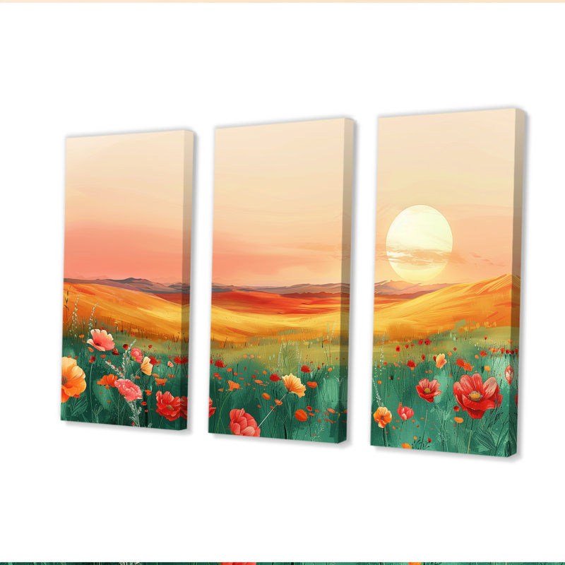 «Flower Meadows At Sunset II - Landscape Mountains», ensemble d'art mural, H 28 po x l 36 po x P 1 po, Toile tendue