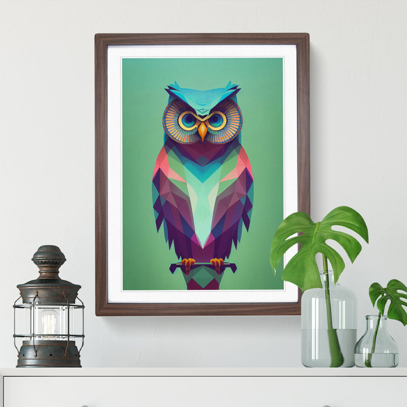 Geometric Owl No.3 Abstract 1 Piece Single Picture Frame Wall Art, 34cm H x 25cm W x 2cm D, Walnut