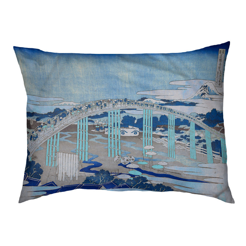 Coussin de conception japonaise bridge Burkart, L 19,5 po x l 29,5 po, Bleu / brun foncé