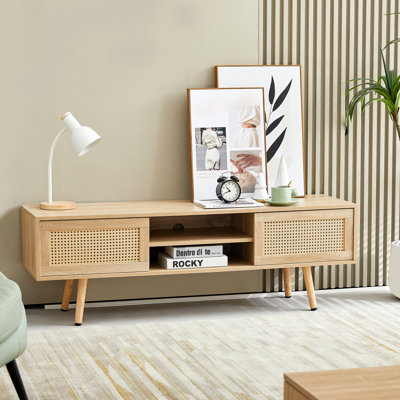Meuble télé naturel avec pieds en bois massif, tablette réglable de 54,13 po de long, portes coulissantes doubles pour armoire de salon, portes, tablette
