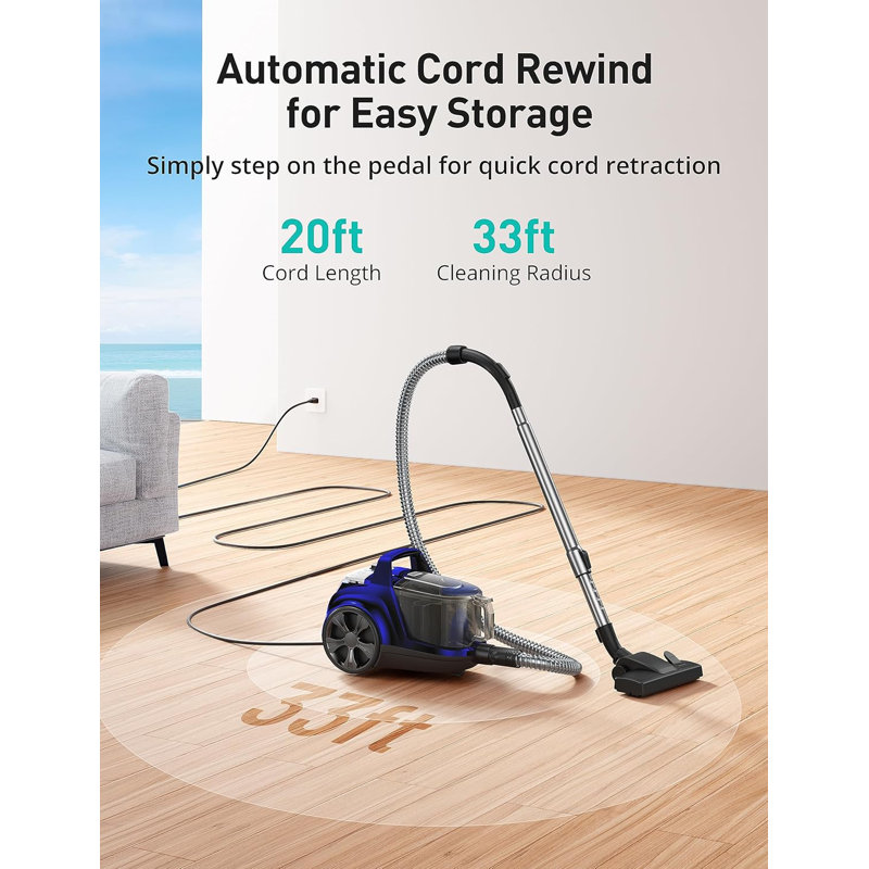 Canister Vacuum Cleaner, Lightweight Bagless Vacuum Cleaner, 3.7qt Large Dust Cup, Automatic Cord Rewind, 5 Tools, Hepa Filter, Variable Speed Portable Vacuum For Hard Floors, Pet, Car