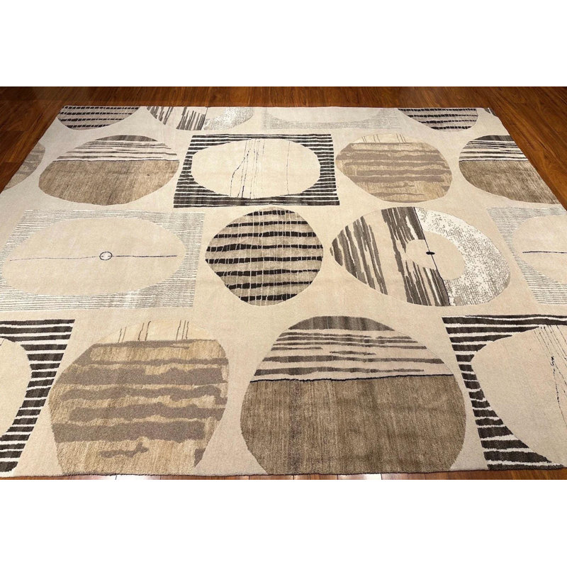 Tapis neutre moderne 8 x 10 | Tapis en laine noué à la main Népal | Motif abstrait de cercle géométrique | Tapis de salon beige Luxury