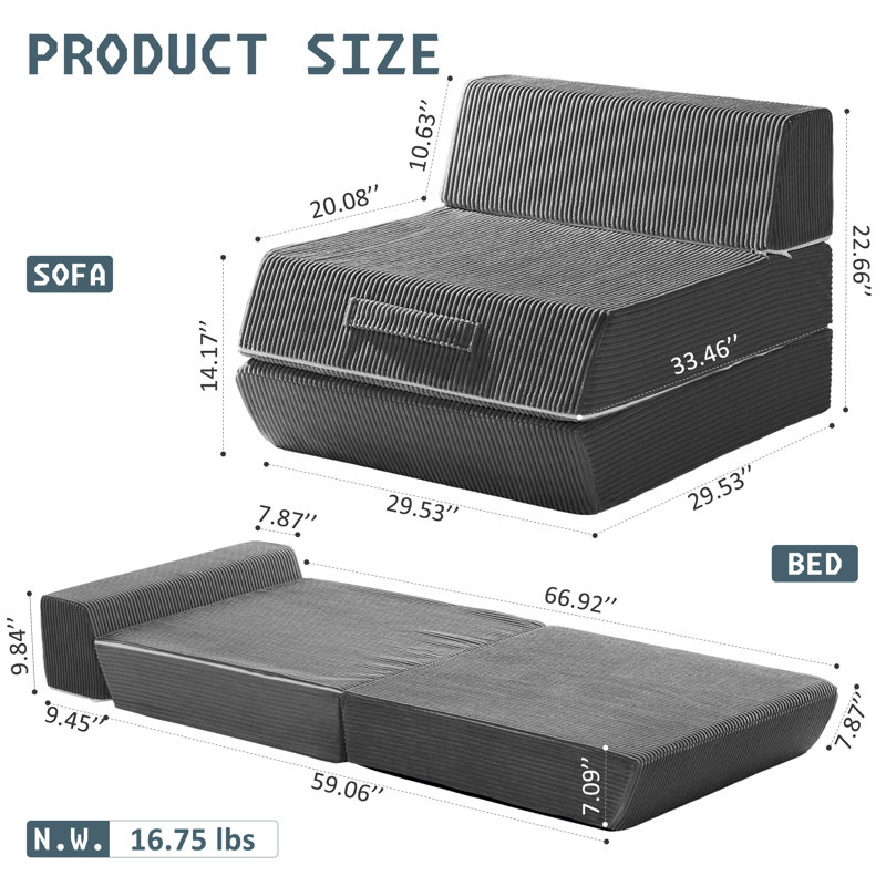 Folding Sofa Bed, 16lbs Convertible Sleeper Chair with Removable Back Pillow & Handle, Portable Fold Out Chair Bed Comfy Floor Sofa Lounge for Living Room, Bedroom, Single, Dark Grey
