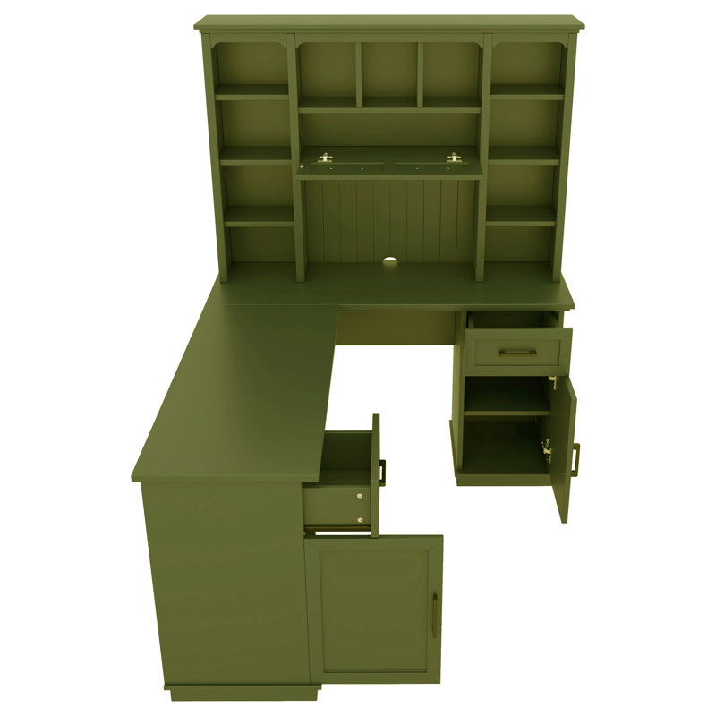 65" Large Computer Desk L-Shaped Desk With Bookshelf For Home Office, Green