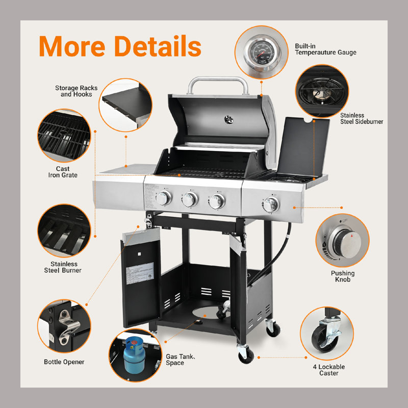 Barbecue au propane en acier inoxydable à 4 brûleurs avec brûleur latéral et couvercle, barbecue extérieur, 3 Burner