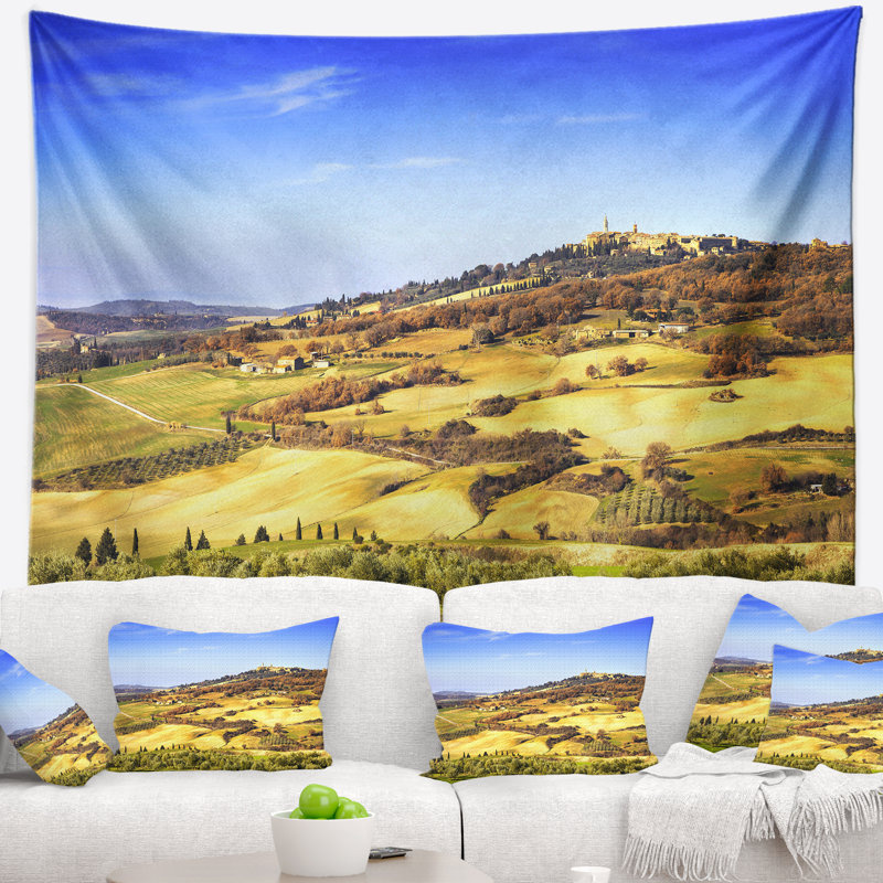 Paysage, tapisserie, village médiéval de Pienza, Italie, H 68 po x l 80 po