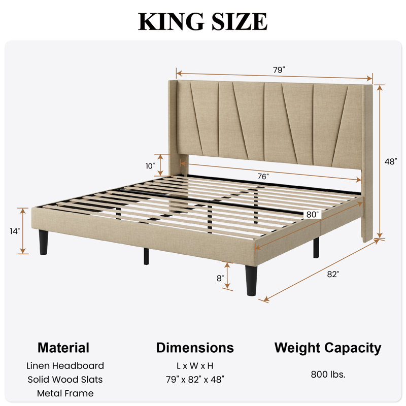 Canuto Upholstered Platform Bed with Wingback Headboard, King, Light Beige