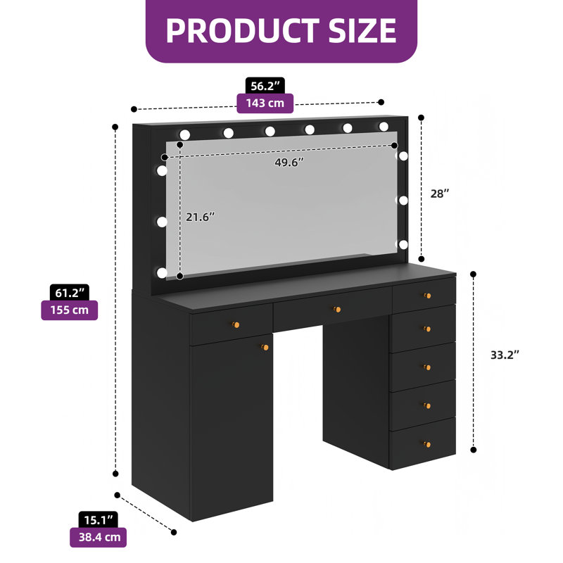Meuble-lavabo avec douille intégrée avec miroir éclairé et support pour sèche-cheveux, Black