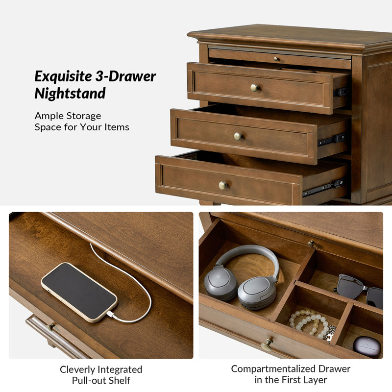 Dominic Country 72cm W 3 - Drawer Bedside Table, Walnut