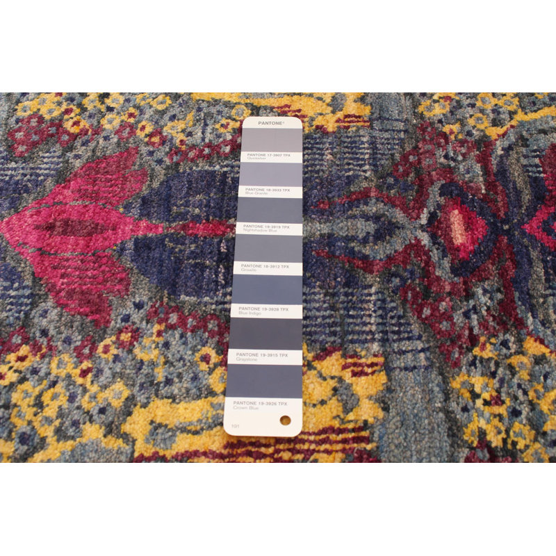 Tapis décoratif en laine de conception unique en laine noué à la main bleu marine/rouge foncé/jaune 6 pi x 9 pi 9 po Brufsky New Age Lahore