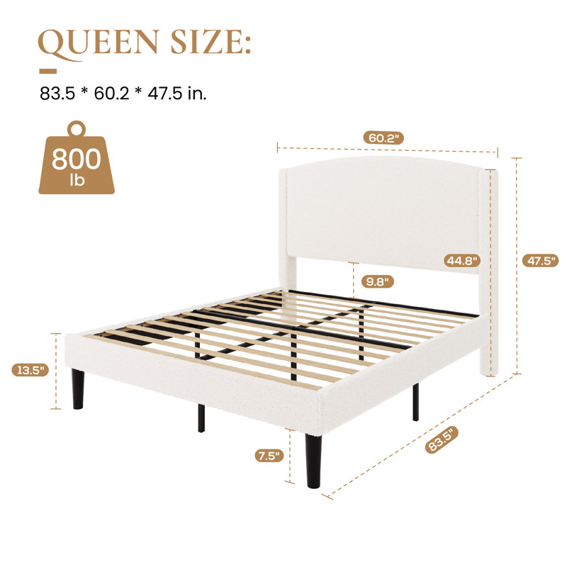 Chic Teddy Fleece Upholstered Platform Bed With Curve-Shaped Headboard, Modern Soft Boucle Fabric Bed Frame, Solid Wood Slat Support, No Box Spring Needed