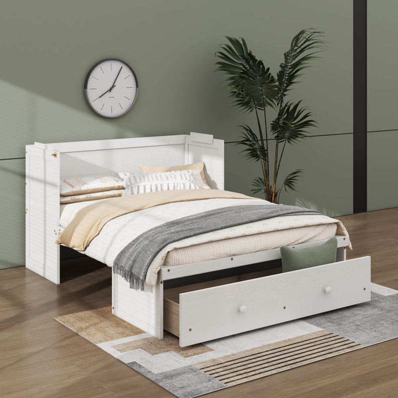Lit escamotable spacieux avec rangement de tiroir intégré pour les essentiels, Lit double, Blanc
