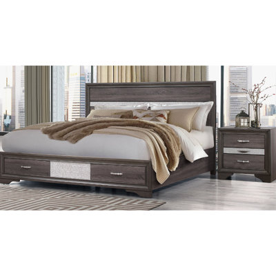 Lit double gris scintillant, avec tête de lit à panneau et deux, en bois massif et fait de cristal, faits saillants X P 55,67 x P 49,47 po