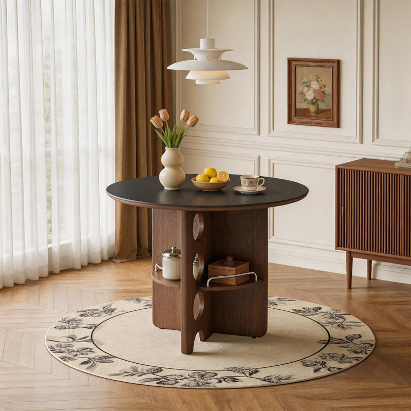 Table de salle à manger ronde en pierre frittée de style médiéval avec compartiments de rangement