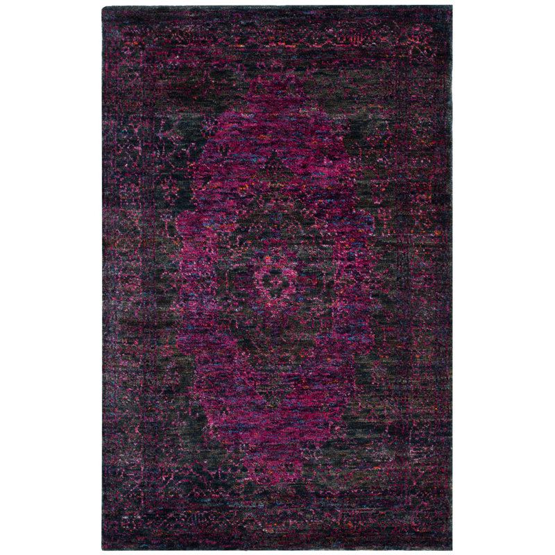 Tapis oriental en viscose et jute noué à la main Artesia en ardoise / bleu / fuchsia, Rectangle 4 pi x 6 pi