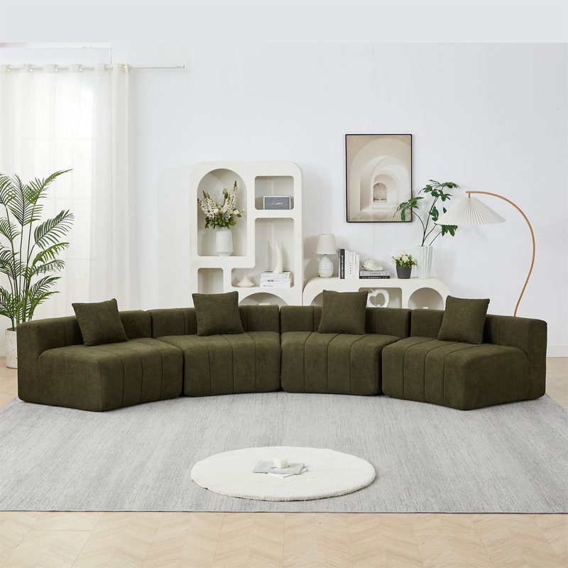 Canapé modulaire courbé en chenille avec 4 coussins, 29 po H x 151 po L x 33 po P, Chenille verte