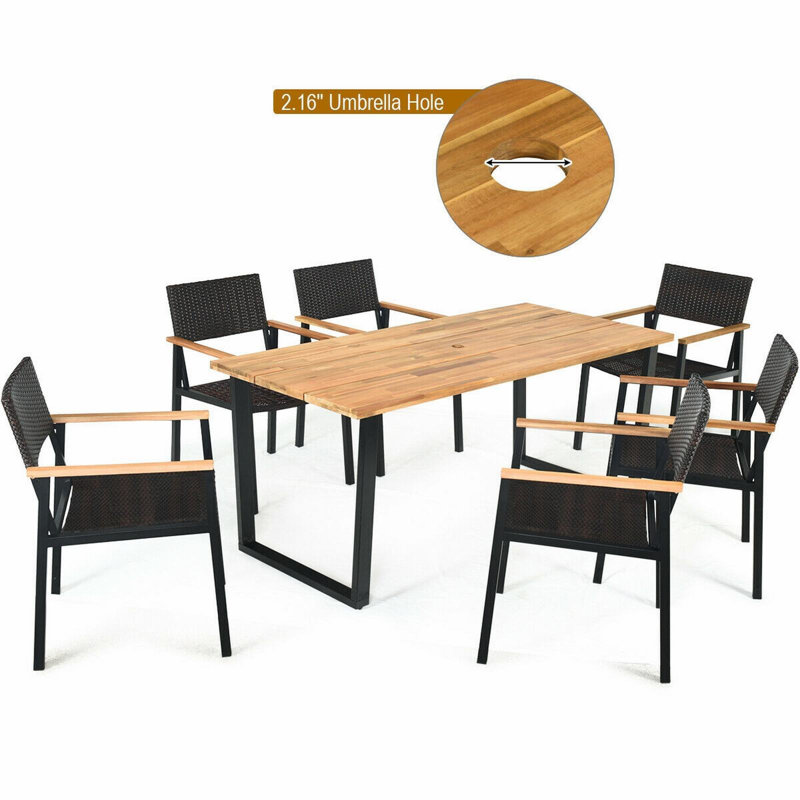 Acacia Wood and Black Metal 6-Person Outdoor Dining Set with Rattan Chairs