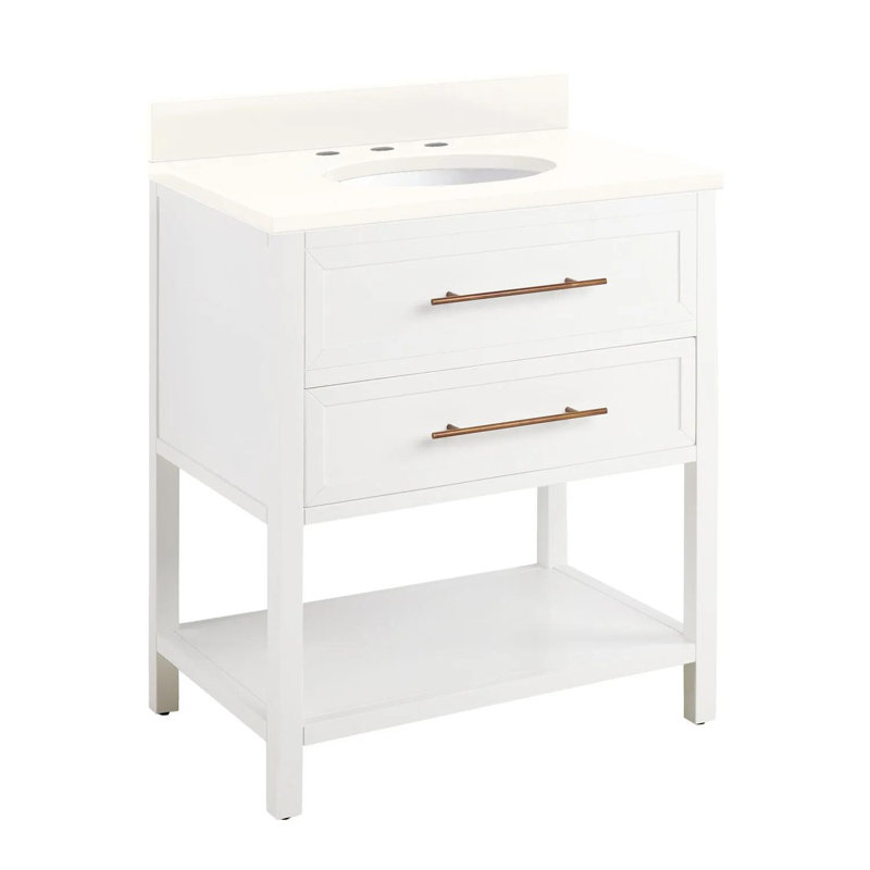 Ensemble de meuble-lavabo simple 30 po avec lavabo encastrable ovale Robertson, Quartz blanc arctique, 8 po, Blanc brossé