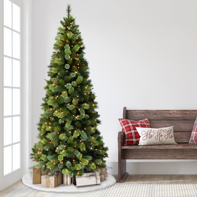 Slim Portland Pine Green Pine Artificial Christmas Tree with Clear/White Lights, 7.5' H
