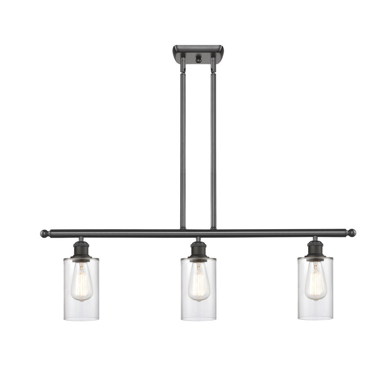 Lustre cylindrique à 3 lumières pour îlot de cuisine Glessite, Transparent, Bronze huilé, DEL