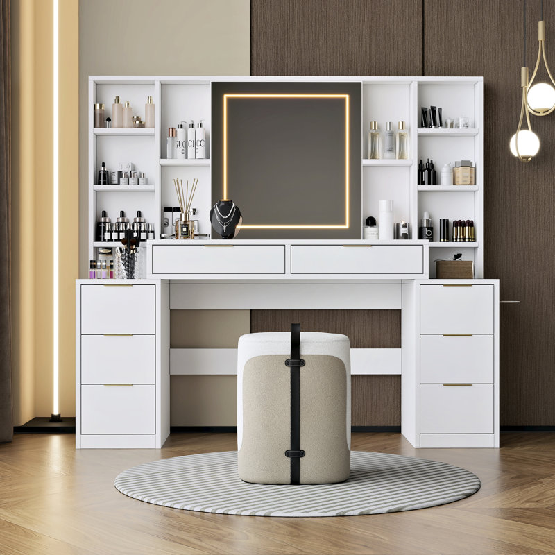 Grand bureau de coiffeuse avec miroir et lumières détachables, table de 59 po à 8 tiroirs, 3 couleurs DEL, luminosité réglable, pour les femmes, style nautique, matériau blanc, miroir, rangement ouvert, éclairage DEL