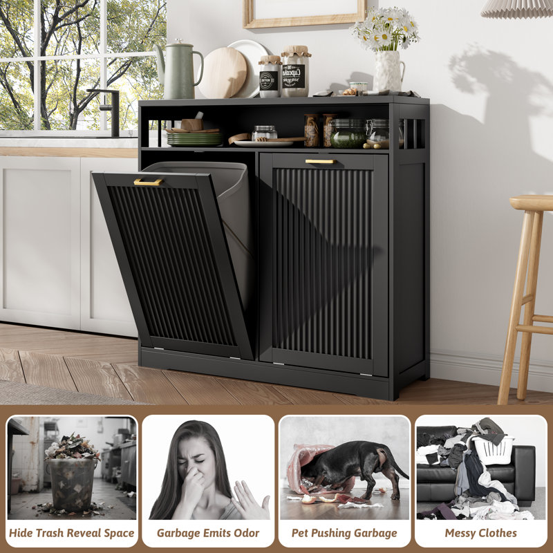 Armoire à poubelle basculante de 26 gallons avec façade cannelée et tablette ouverte, noire, 26 Gal, Noir