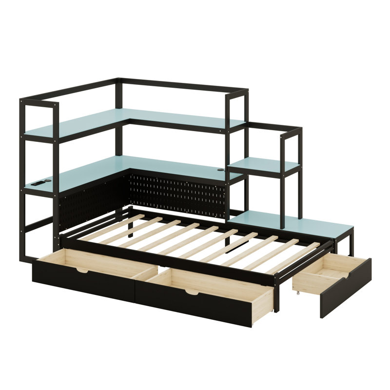 Gaming Bed and Desk with LED Light, 3 Storage Drawers and Built-in  Charging Station, Black+Blue