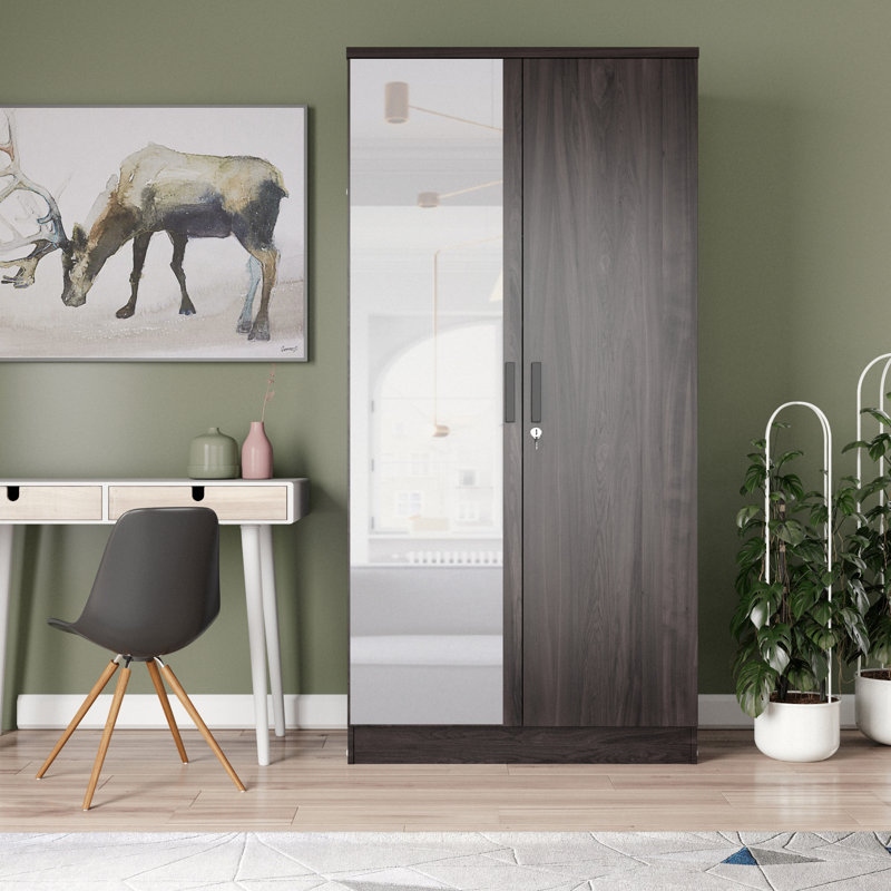 Armoire 2 portes Neiman, porte à miroir, Tabac