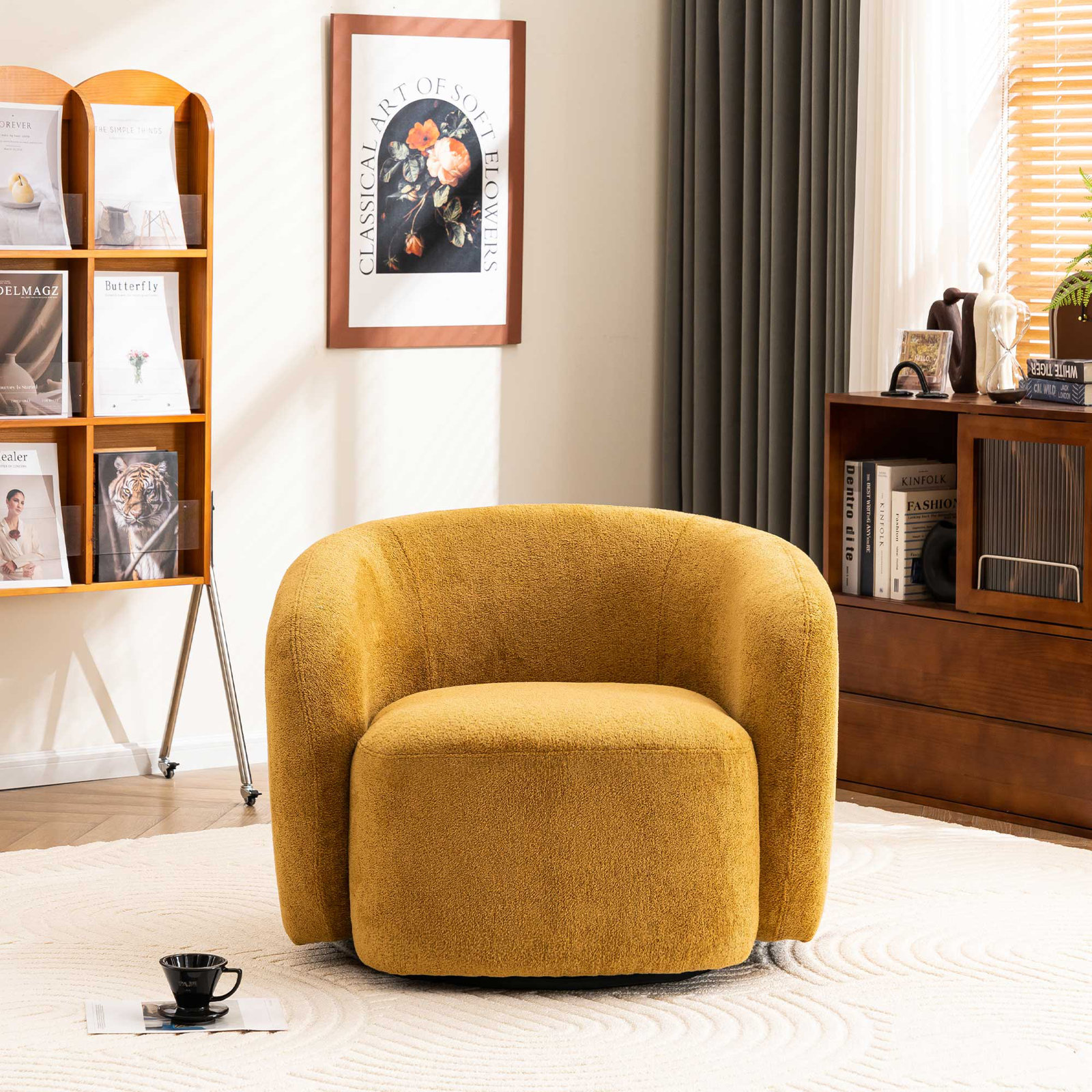 Munehito Upholstered Swivel Barrel Chair, Yellow